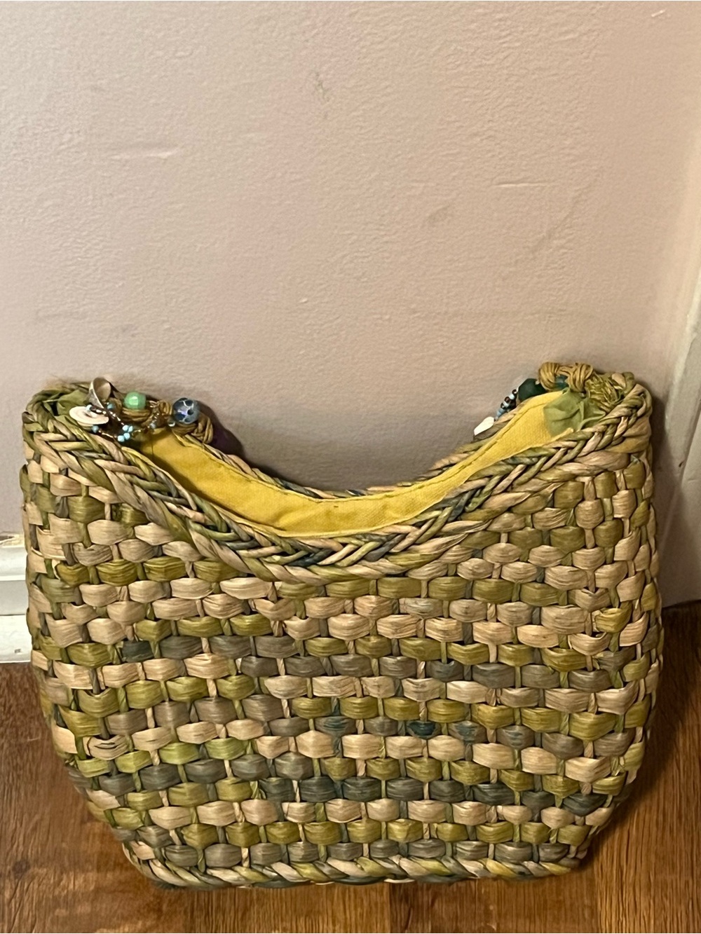 Capelli Strawworld Woven Straw Bag in Green and Tan coastal Beachy coconut girl